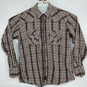 Panhandle Slim Shirt Mens XL Brown Plaid Western Pearl‎ Snap Cross Embroidered